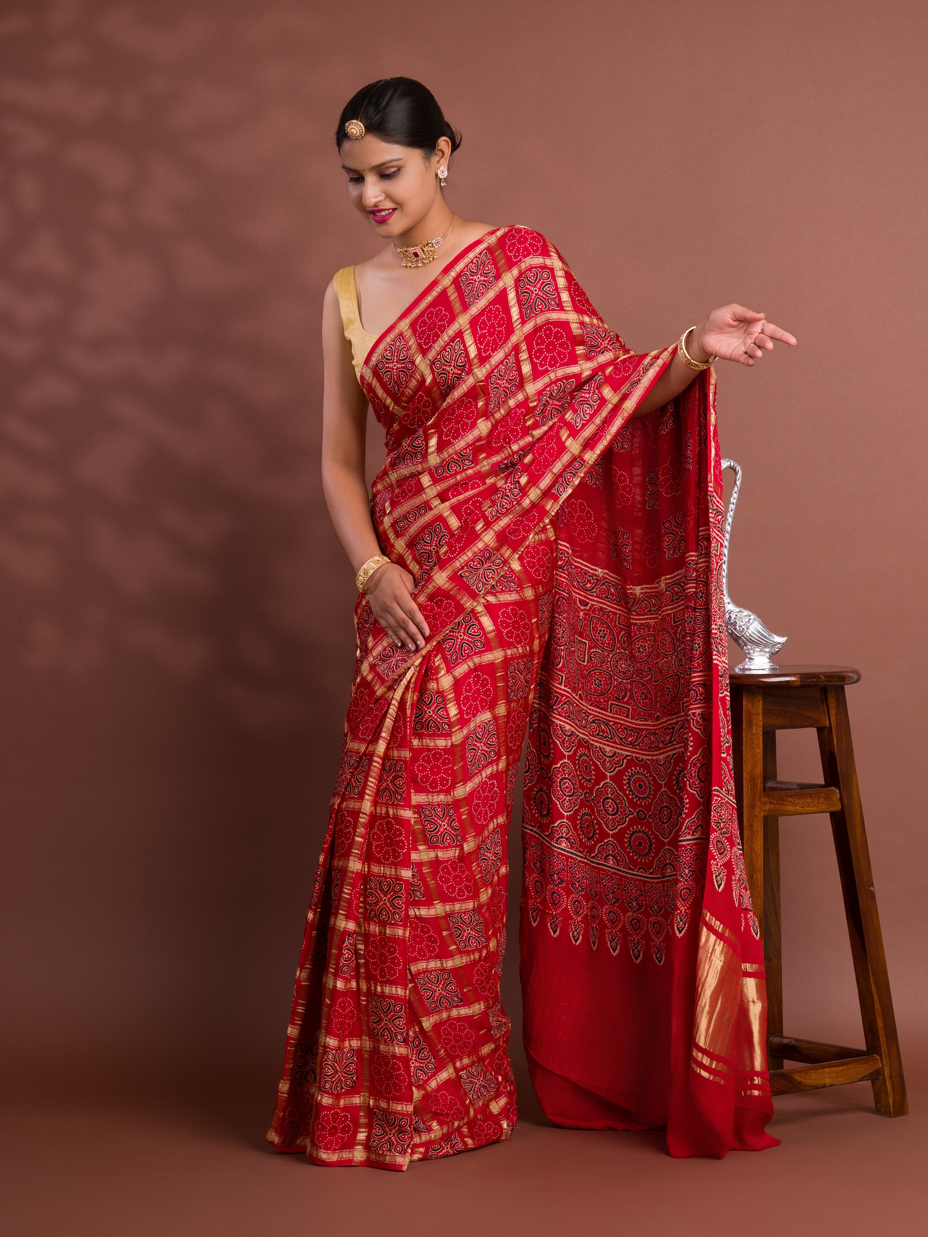 Tanmira New Pure Gaji Modal Silk Ajrakh Print Ghatchola Saree  AAD