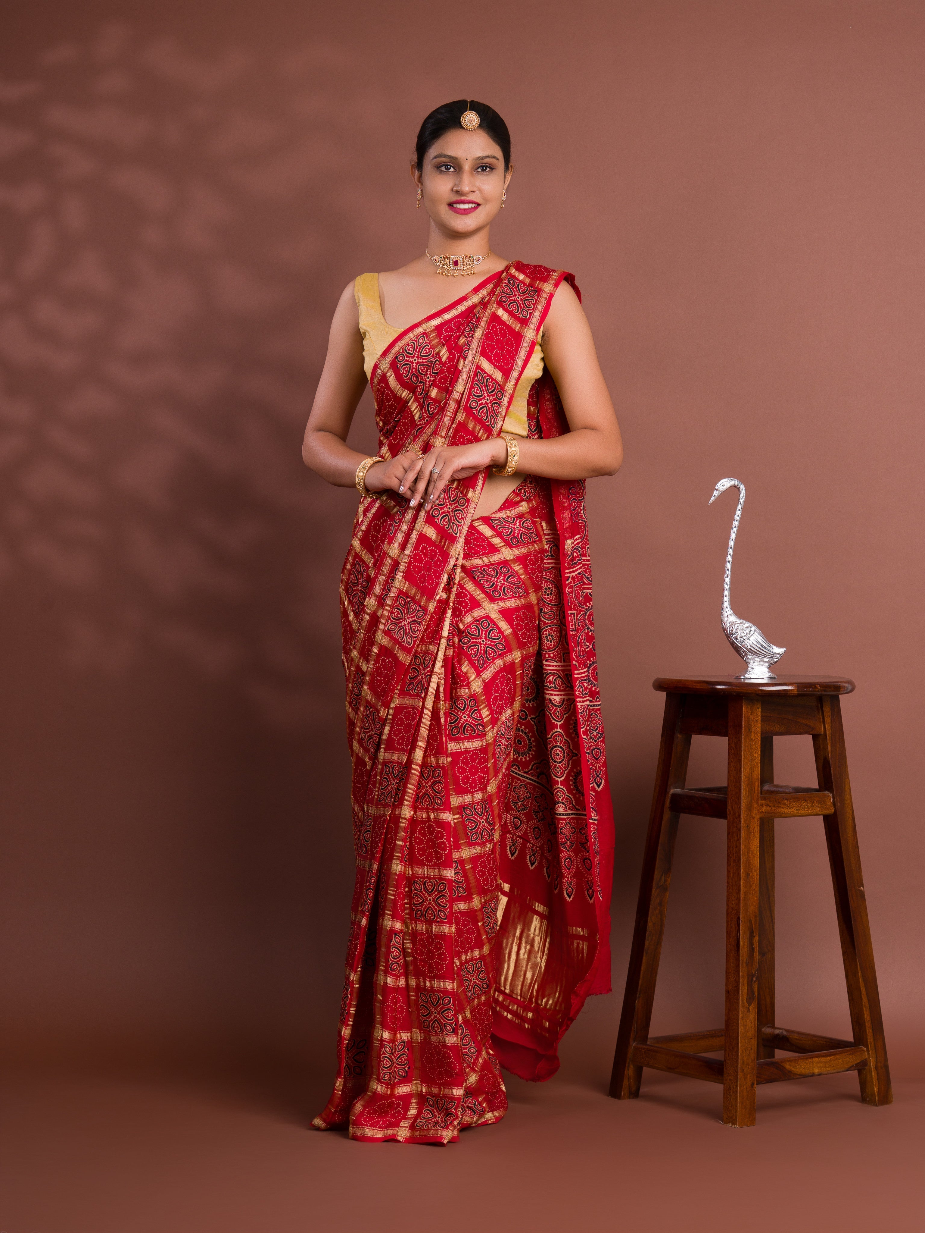 Tanmira New Pure Gaji Modal Silk Ajrakh Print Ghatchola Saree  AAD