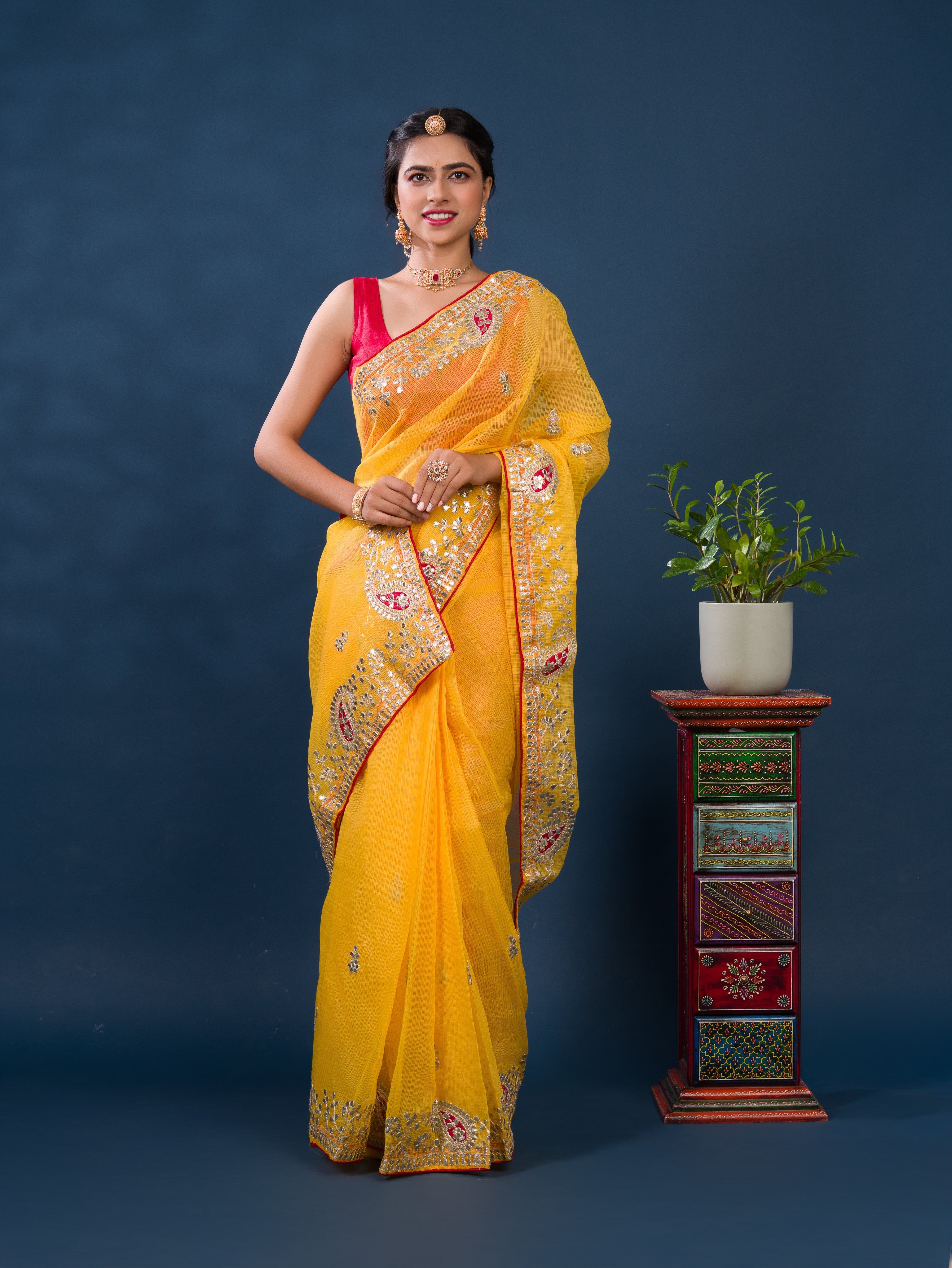 Bikaneri Kota Doria saree in yellow color 