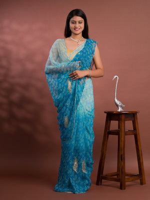   Chiffon Bandhani style With Vintage Work Saree in blue colour