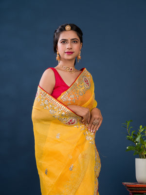 Bikaneri Kota Doria saree in yellow color 