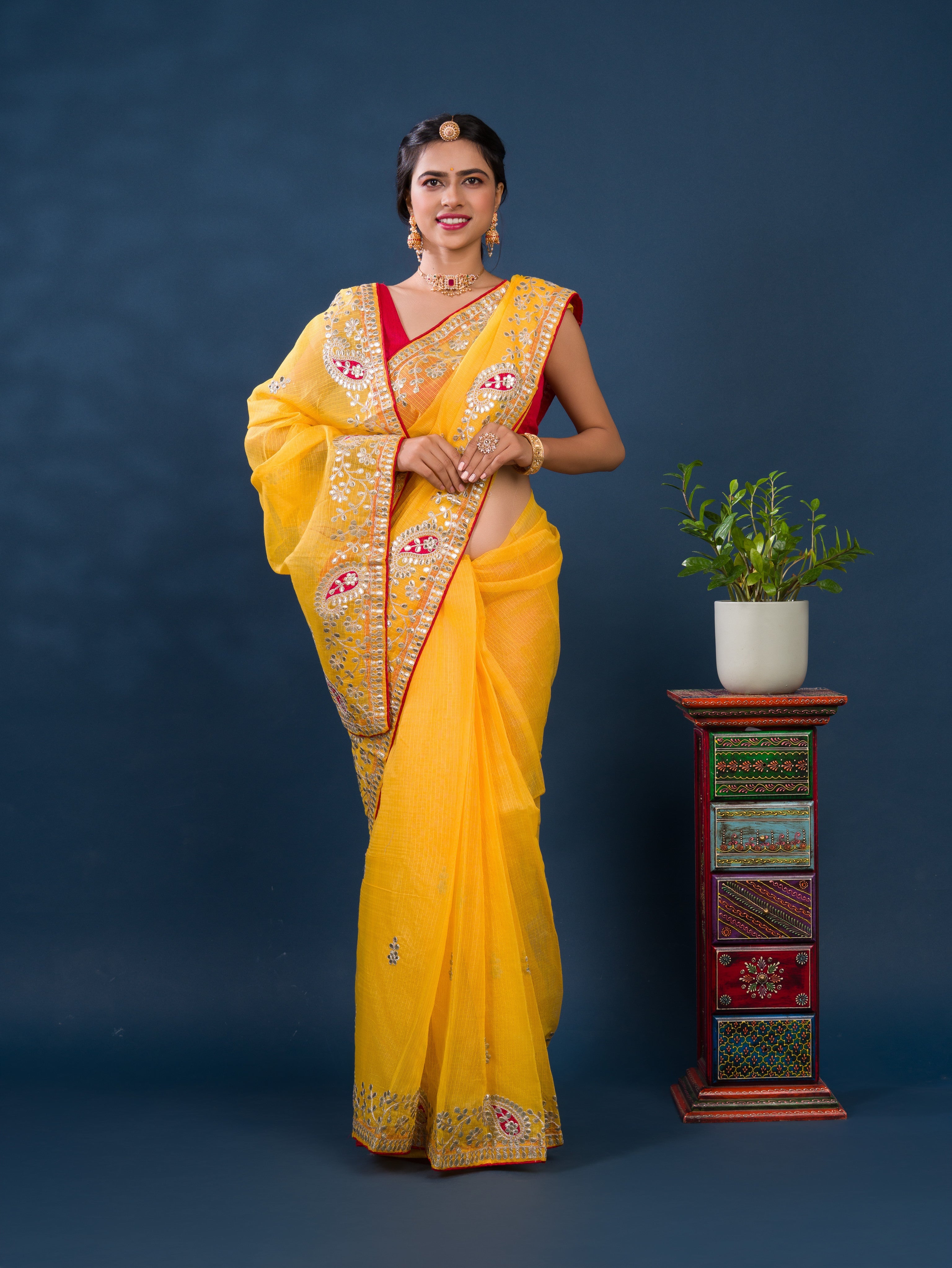 Bikaneri Kota Doria saree in yellow color 