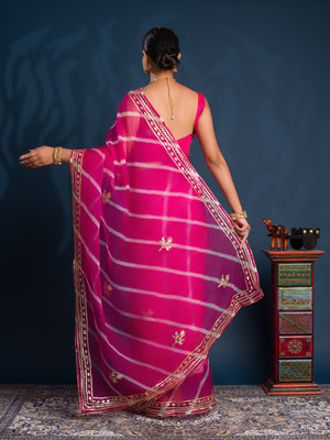 Pink saree with gold patterns  Organza Leheriya Style With Gotapatti Work 