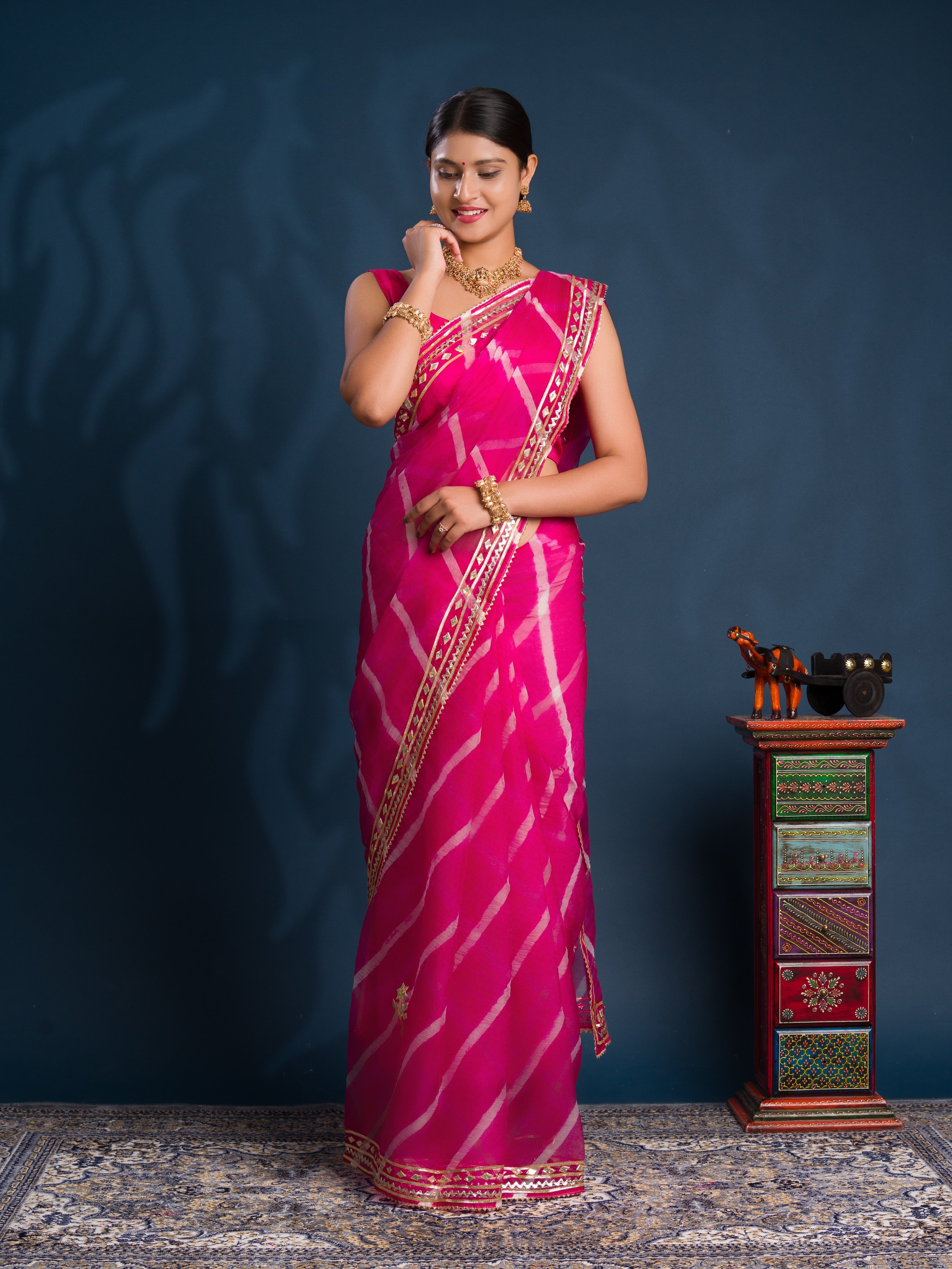  Pink saree with gold patterns  Organza Leheriya Style With Gotapatti Work 