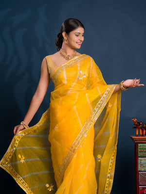  Organza Leheriya Style With Gotapatti Work Saree in Yellow colour