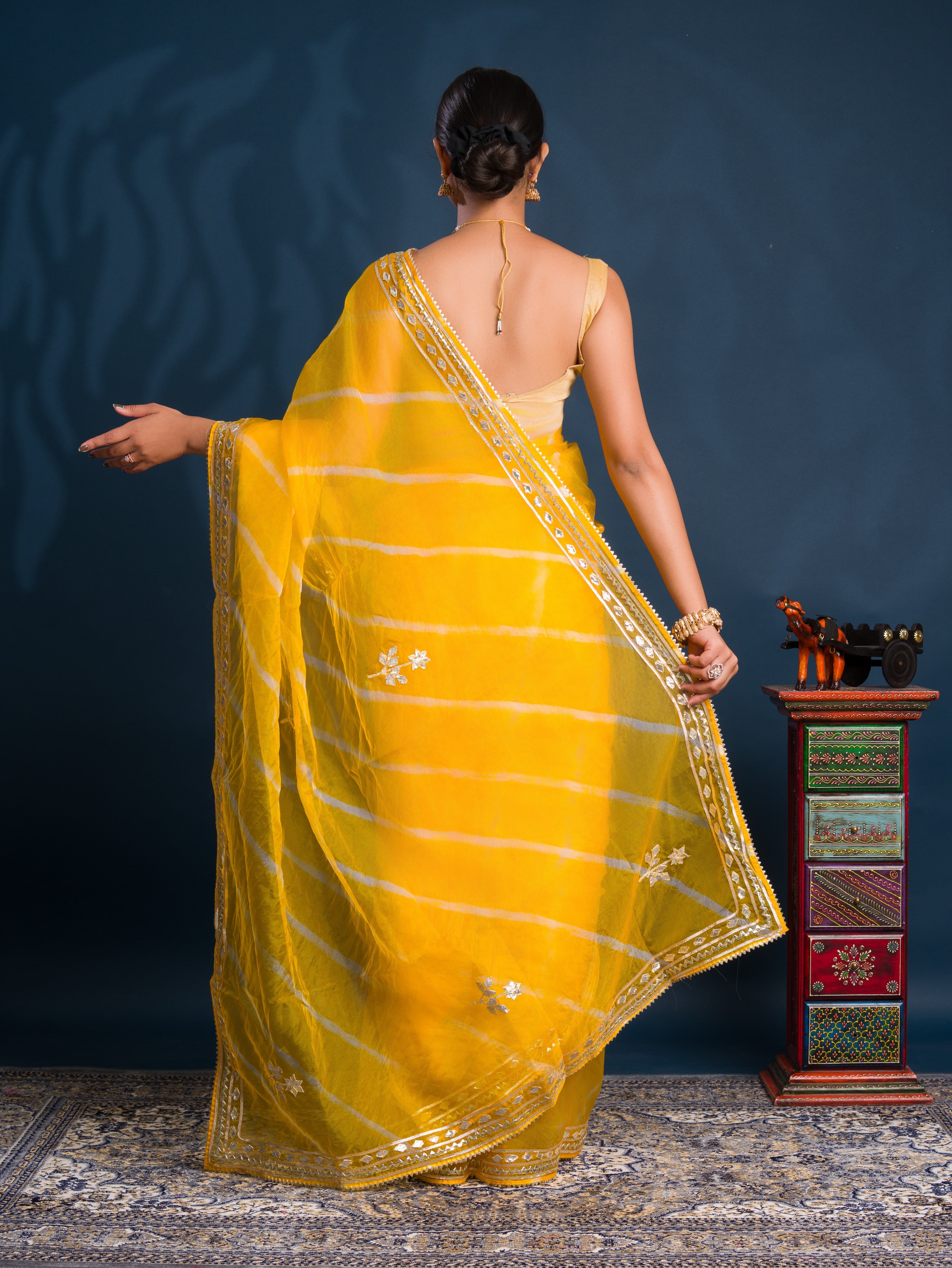  Organza Leheriya Style With Gotapatti Work Saree in Yellow colour