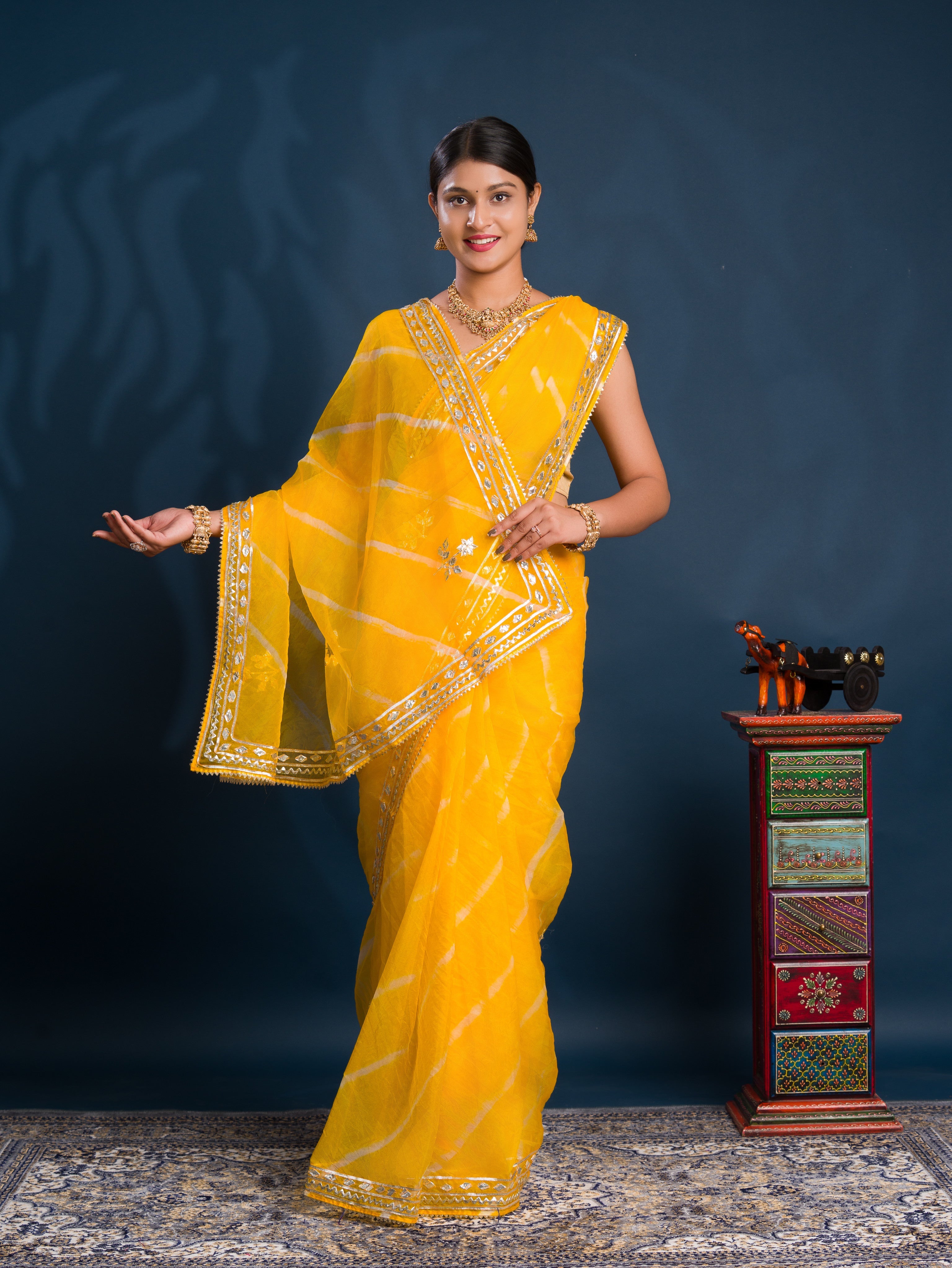  Organza Leheriya Style With Gotapatti Work Saree in Yellow colour