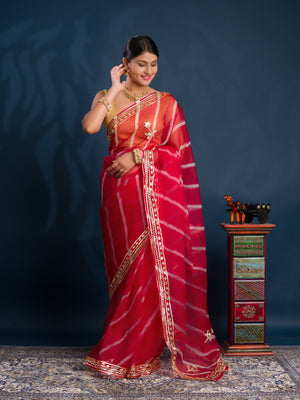 Red saree with gold patterns   Organza Leheriya Style With Gotapatti Work 