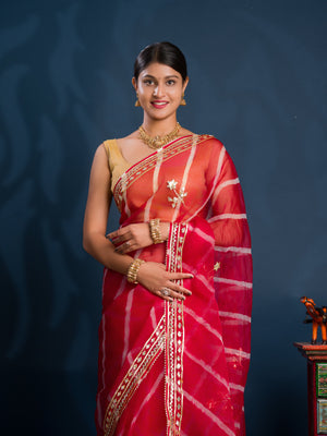 Red saree with gold patterns   Organza Leheriya Style With Gotapatti Work 