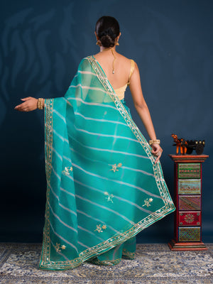 Teal sareewith Silver  patterns   Organza Leheriya Style With Gotapatti Work 