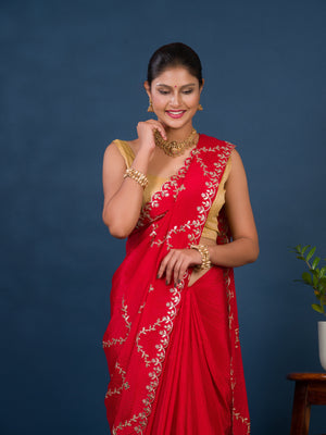 By New Designer Chinon Silk Saree with Traditional Gotapatti Work