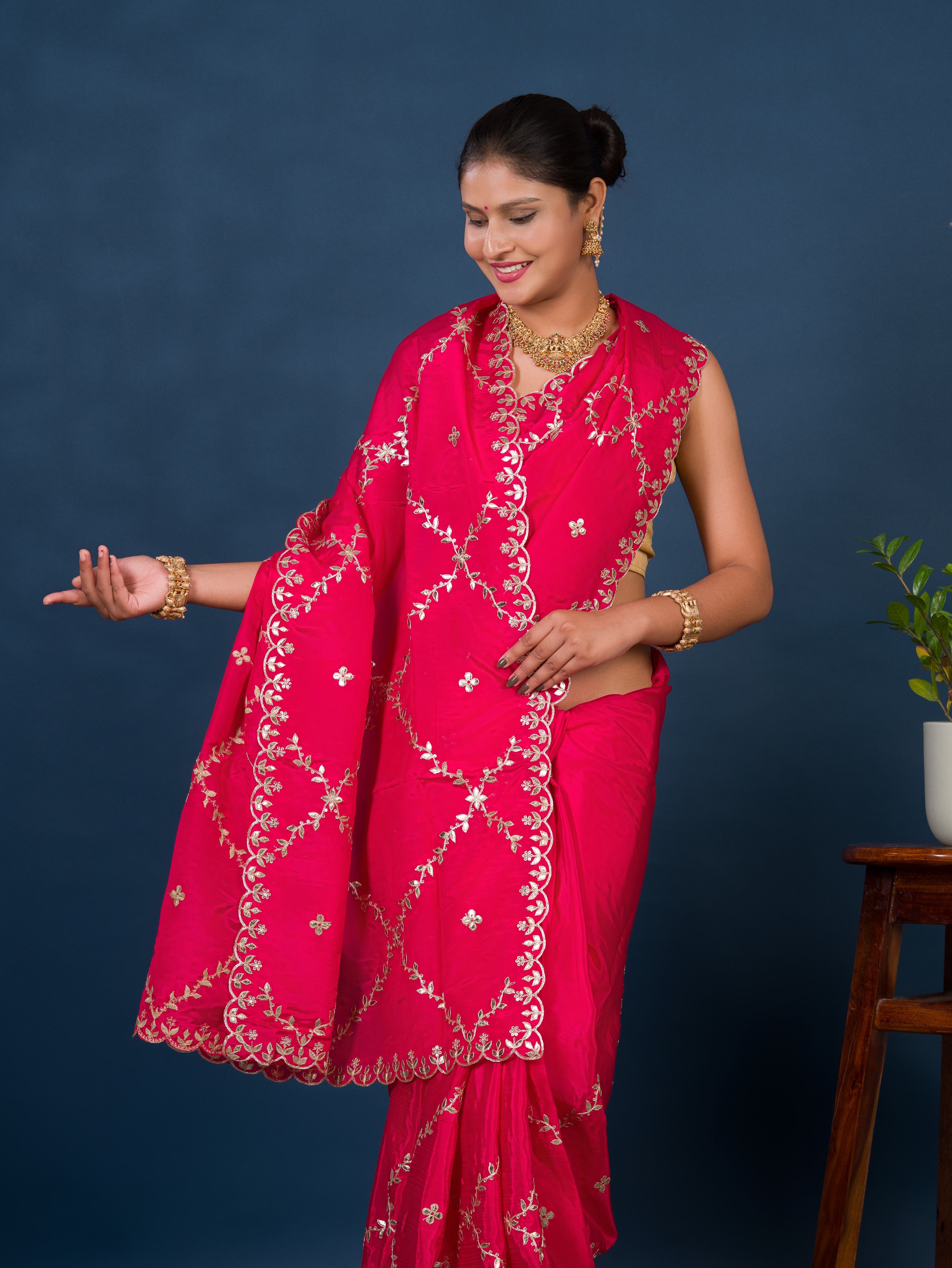 By New Designer Chinon Silk Saree with Traditional Gotapatti Work