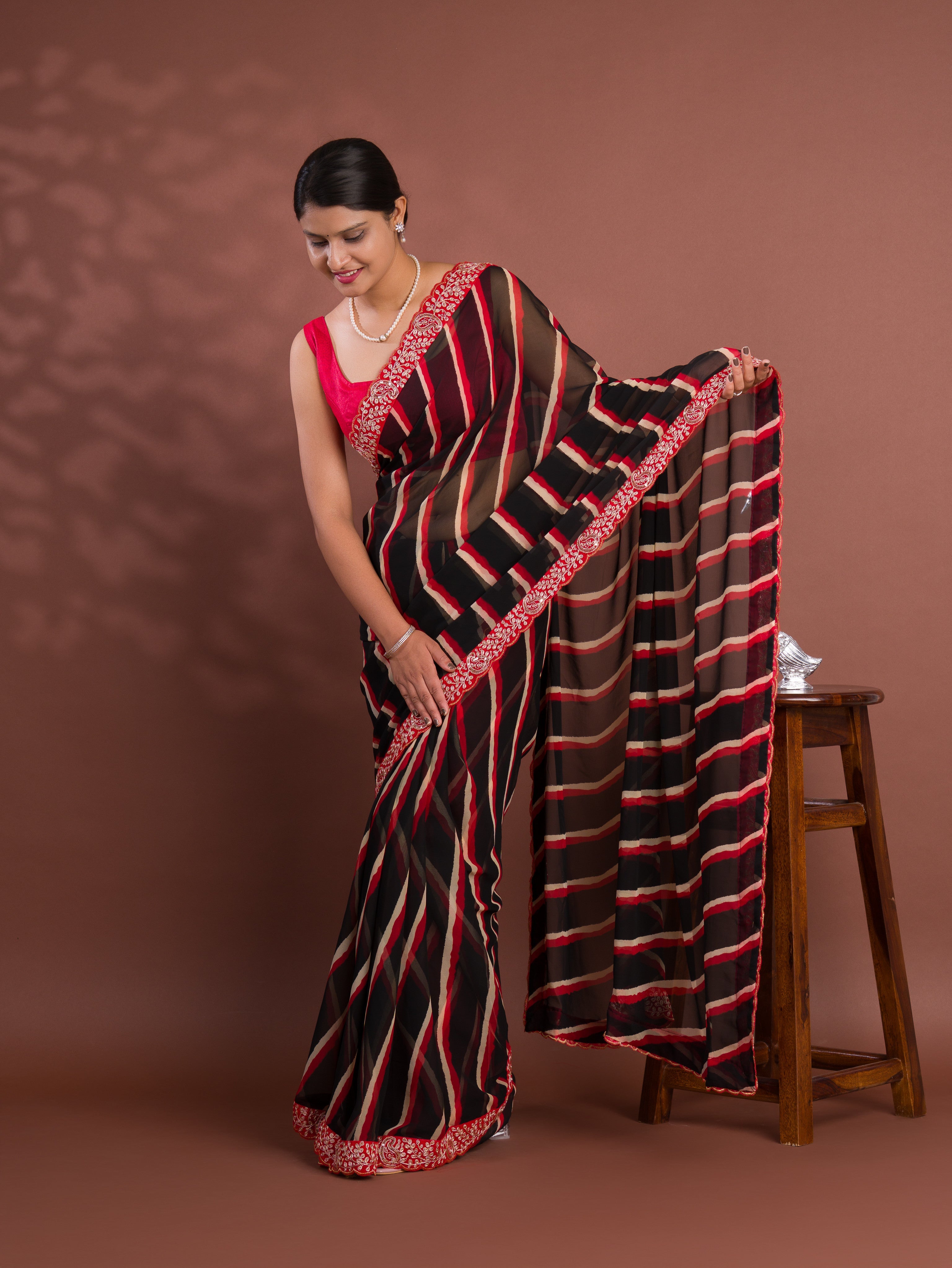 Tanmira New Launch Chiffon Leheriya Style With Embroidery Border Work Saree STL