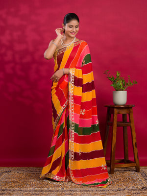 By New Latest Chiffon Leheriya Style With Gotapatti Work Saree 