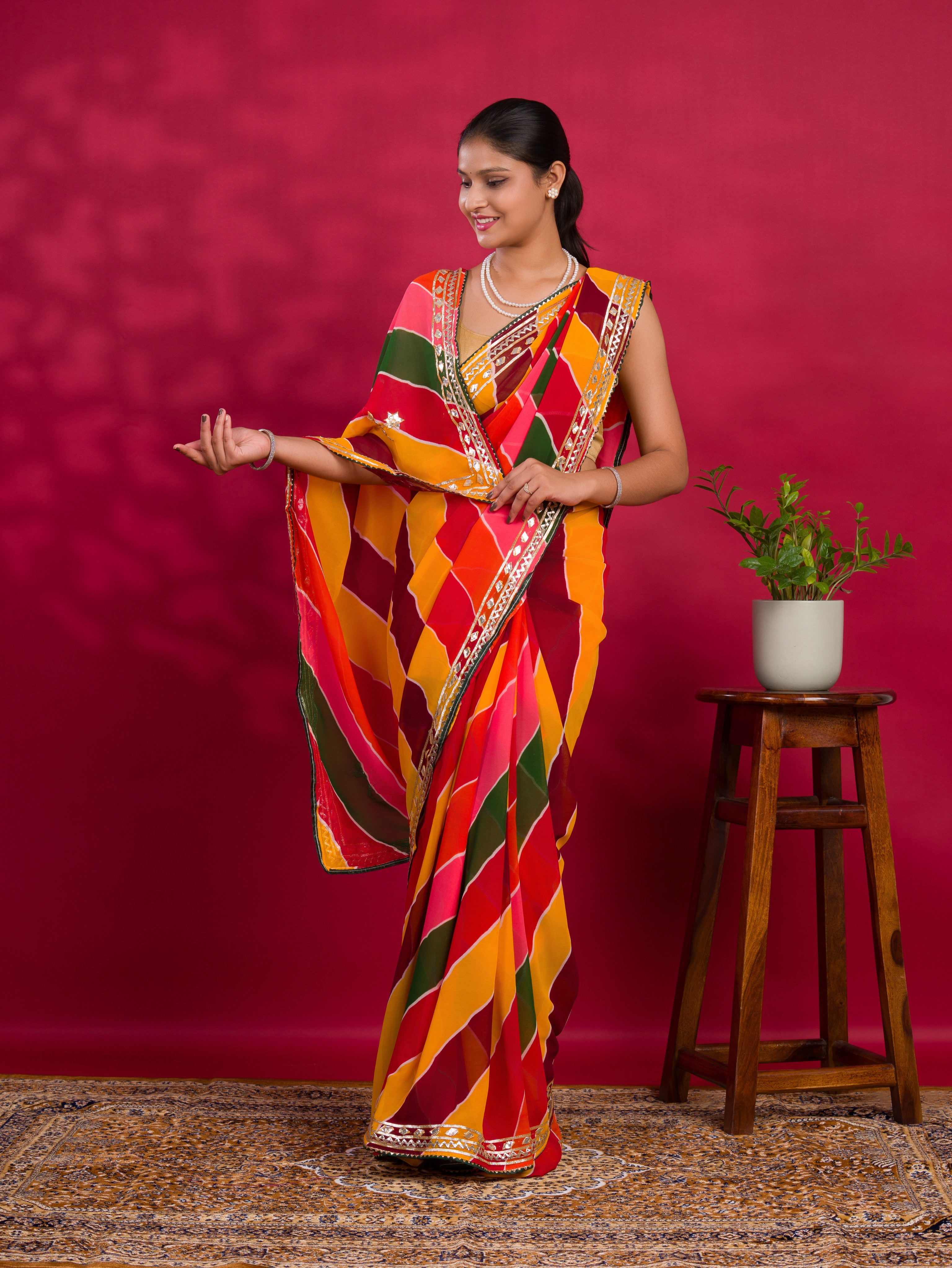 By New Latest Chiffon Leheriya Style With Gotapatti Work Saree