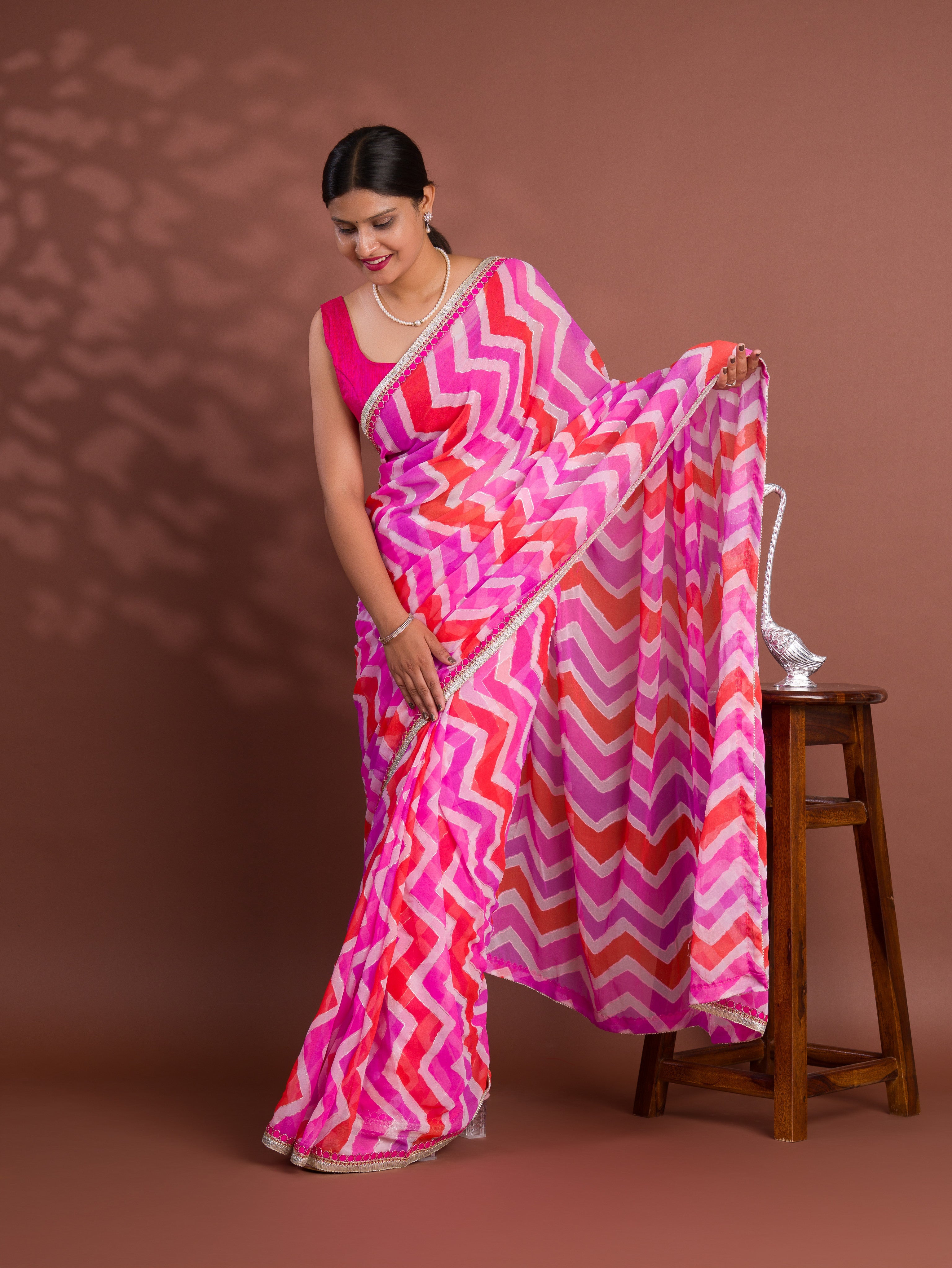 Tanmira New Georgette Lahariya Foil Print Style With Gotapatti Border Work Saree SWA