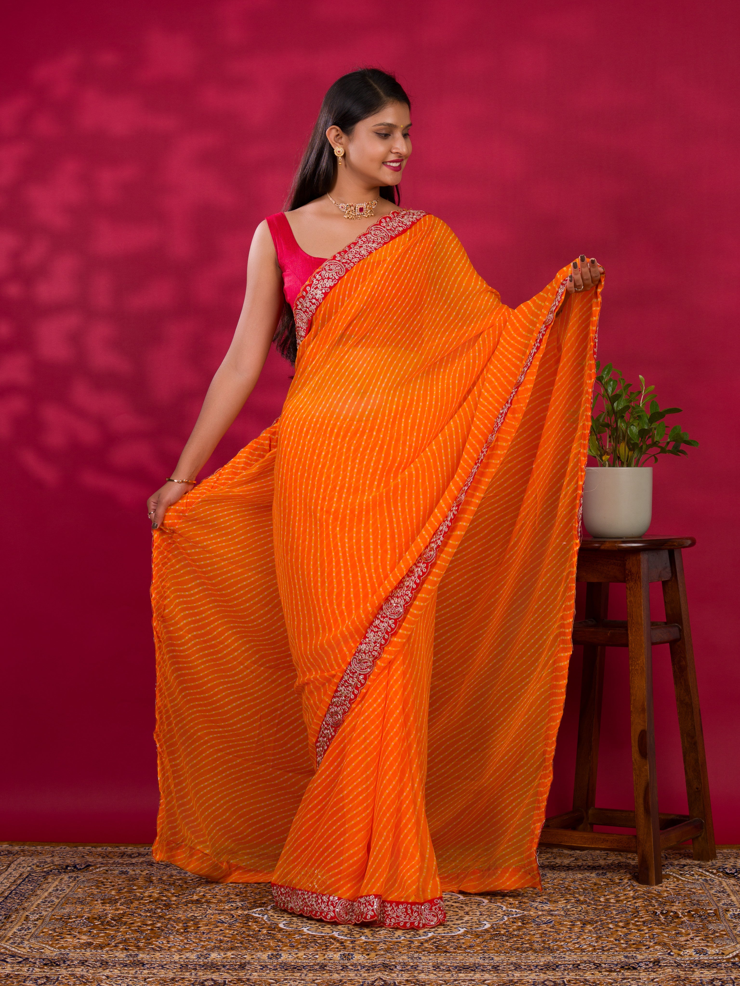 By New Spiceal Chiffon Leheriya Style With Embroidery Border Work Saree