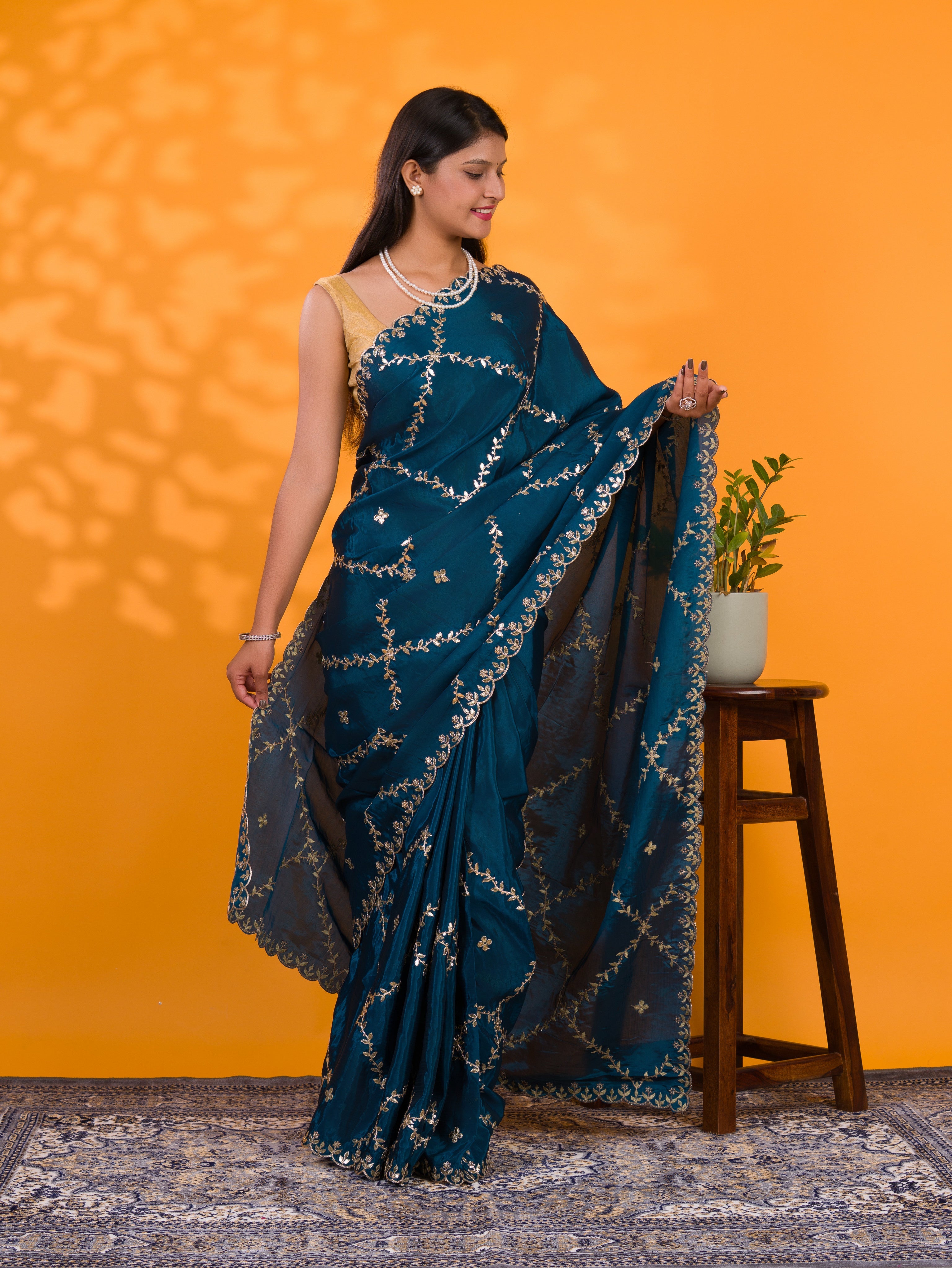 By New Designer Chinon Silk Saree with Traditional Gotapatti Work