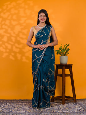 By New Designer Chinon Silk Saree with Traditional Gotapatti Work