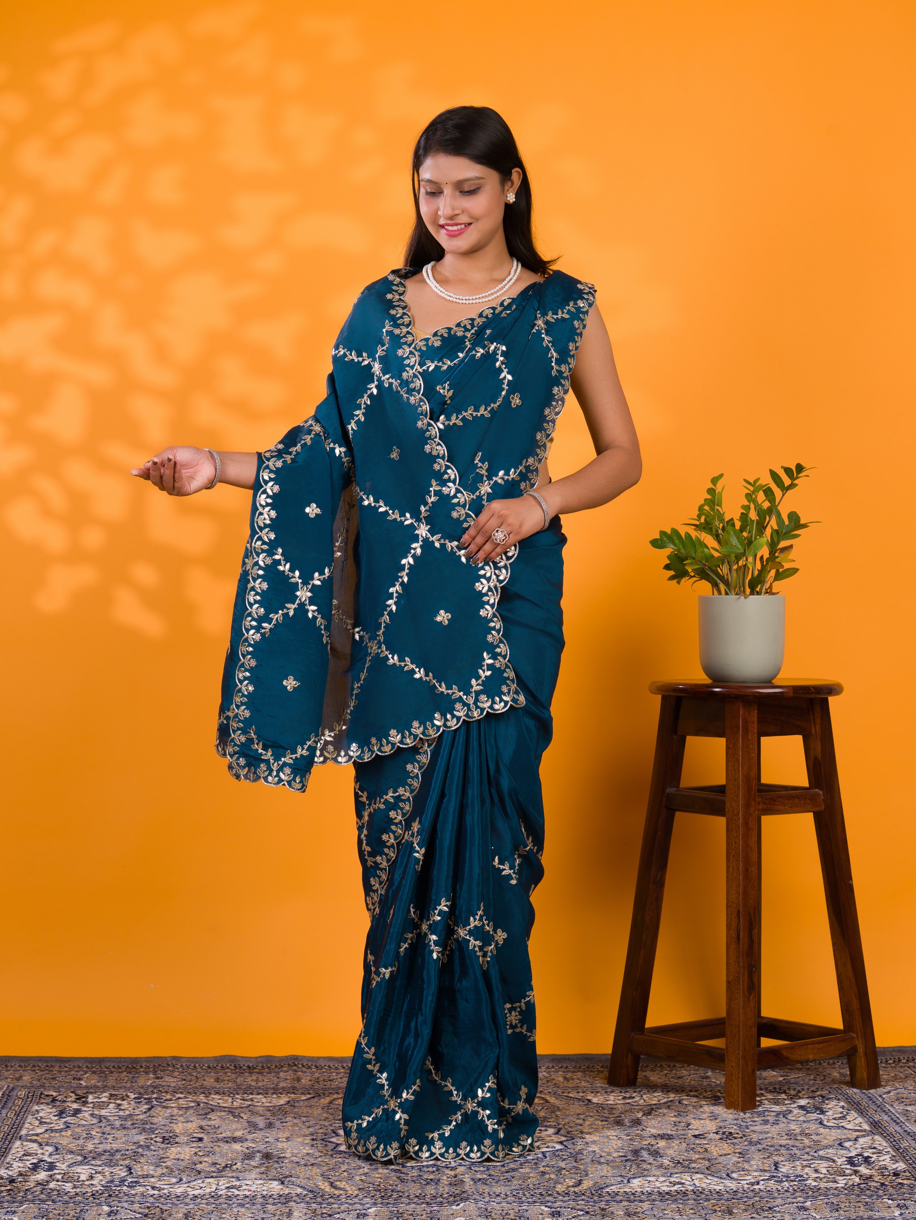 By New Designer Chinon Silk Saree with Traditional Gotapatti Work