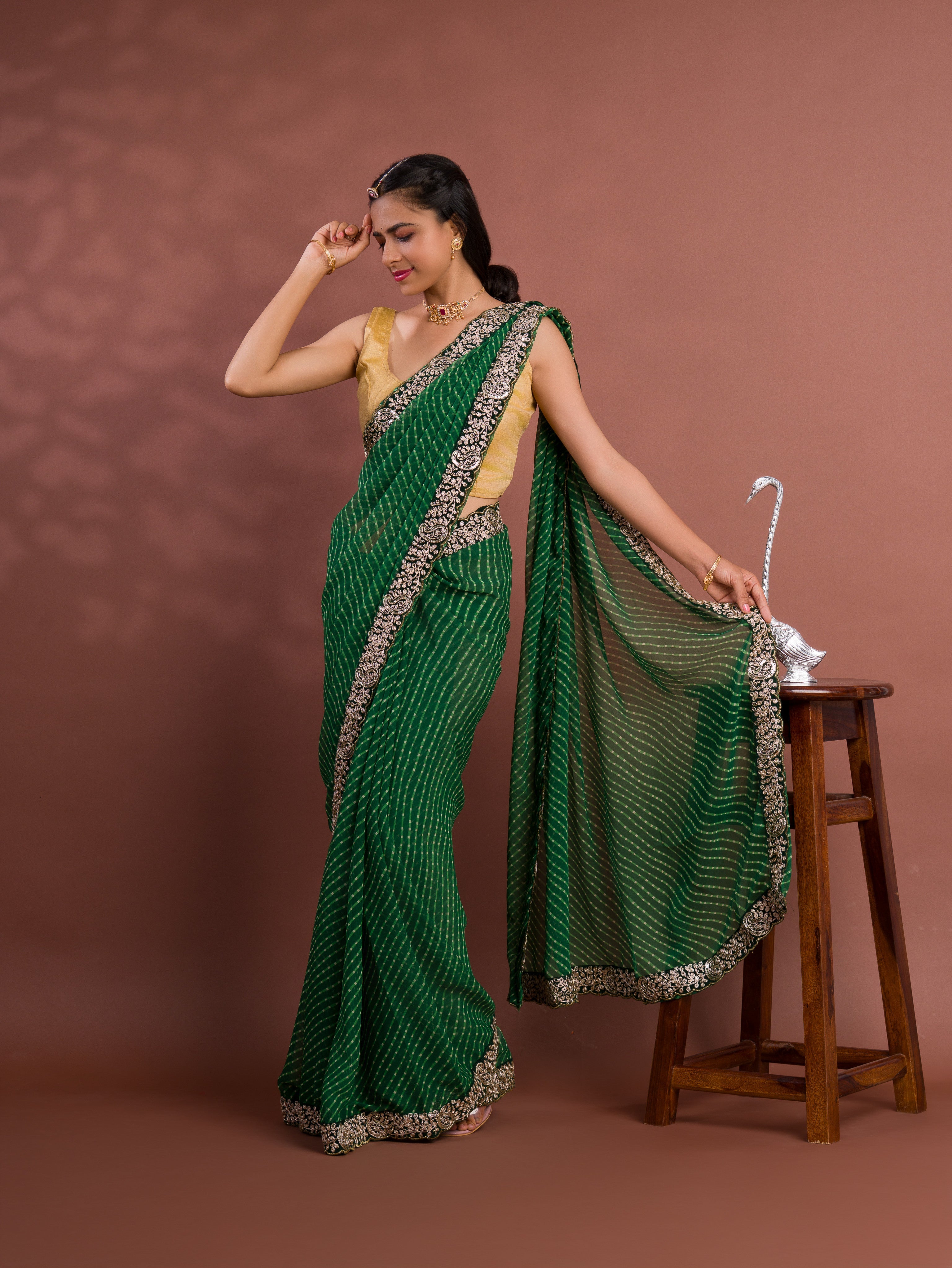 Tanmira New Beautiful Chiffon Leheriya Style With Embroidery Border Work Saree STL