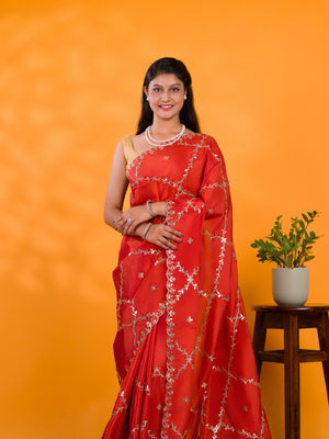 By New Designer Chinon Silk Saree with Traditional Gotapatti Work