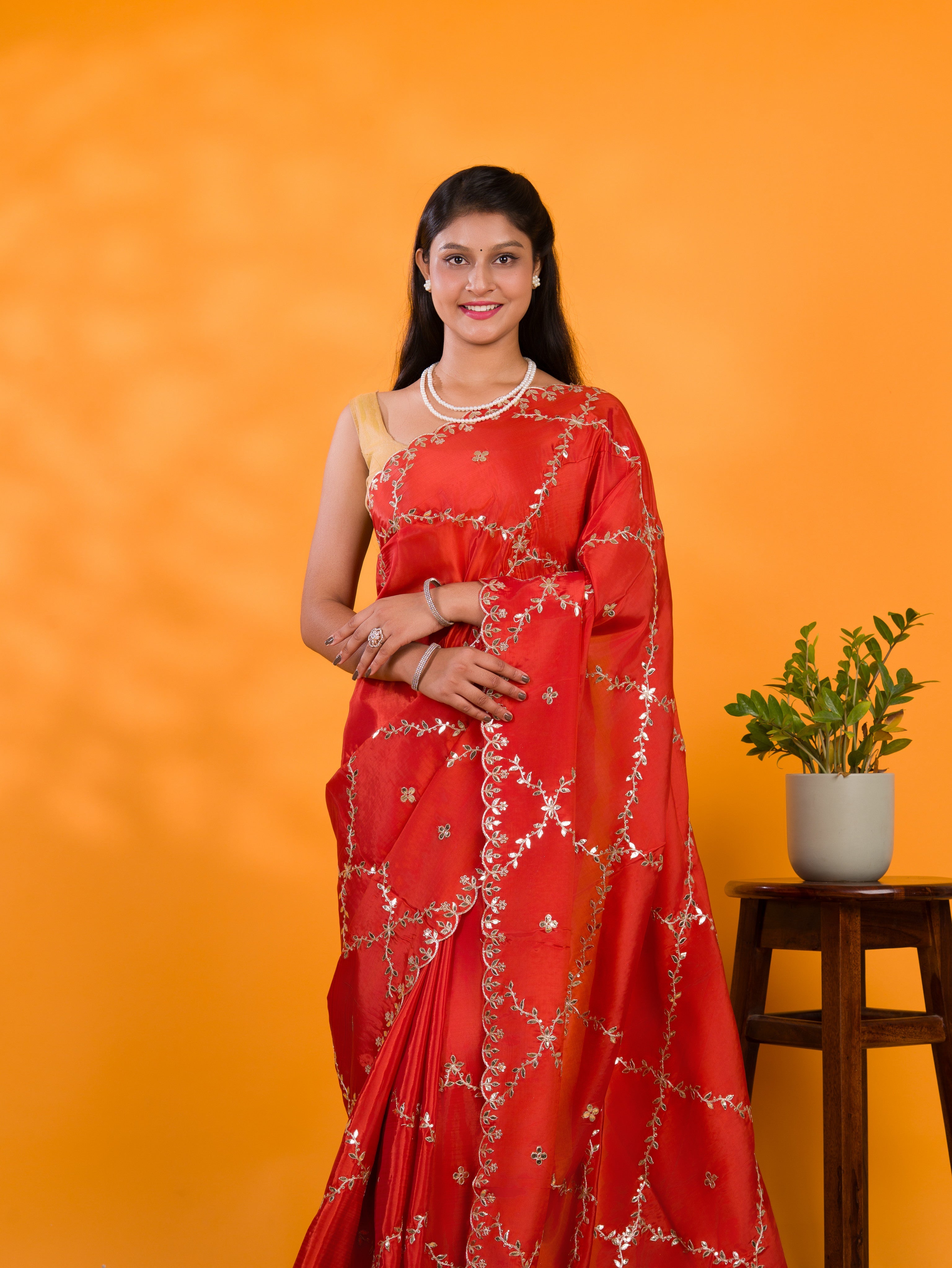 By New Designer Chinon Silk Saree with Traditional Gotapatti Work