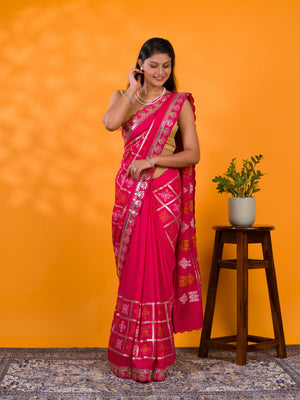 A pink saree with white patterns with  Cotton silk Bandhani Gotapatti Work Saree
