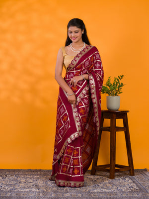  Cotton silk Bandhani Gotapatti Work Saree in maroon colour