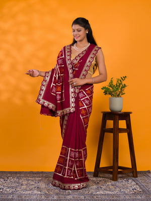  Cotton silk Bandhani Gotapatti Work Saree in maroon colour