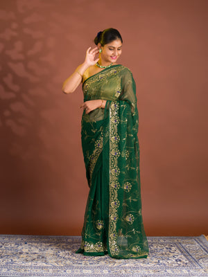 By Designer Saree With Handcrafted Aari Tari Work 
