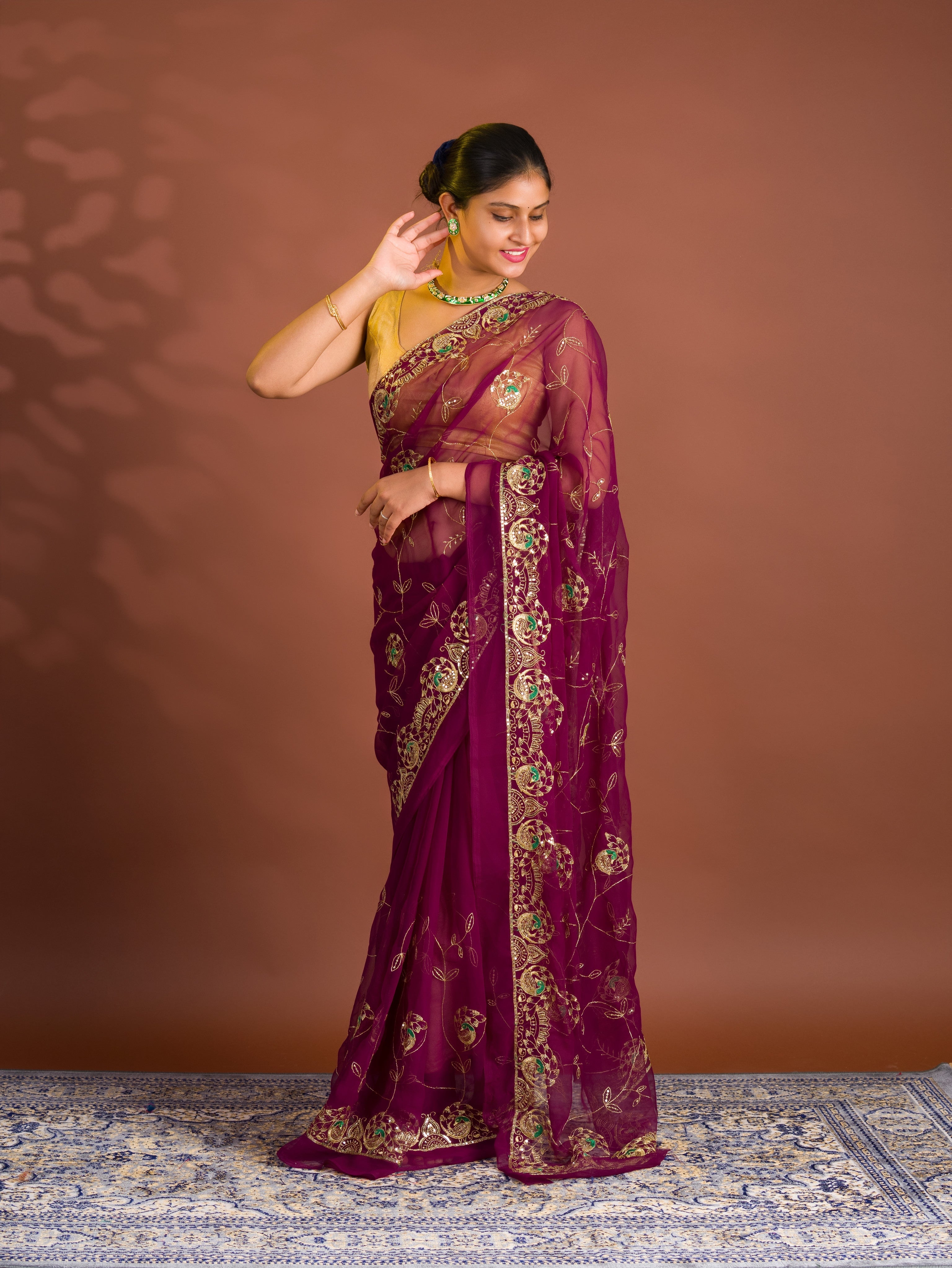 By Traditional Style With  Handcrafted Aari tari Work