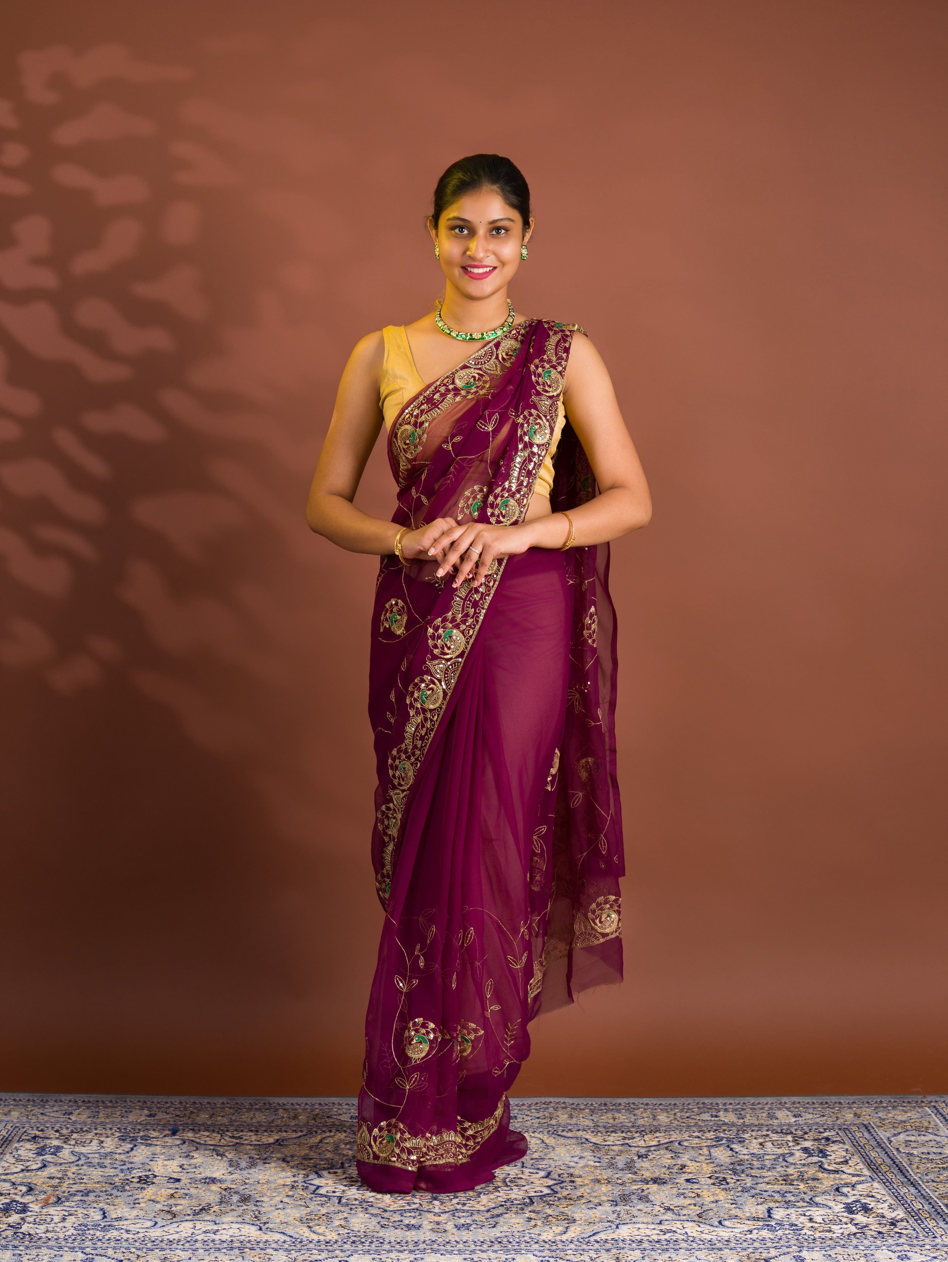 By Traditional Style With  Handcrafted Aari tari Work