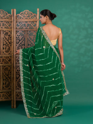  Chiffon Leheriya Style Wih Gotapatti Work Saree in green colour