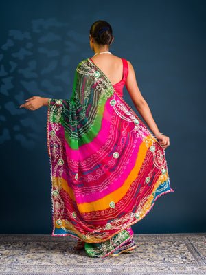Mos Chiffon Silk Bandhani Saree with Gotapatti Work