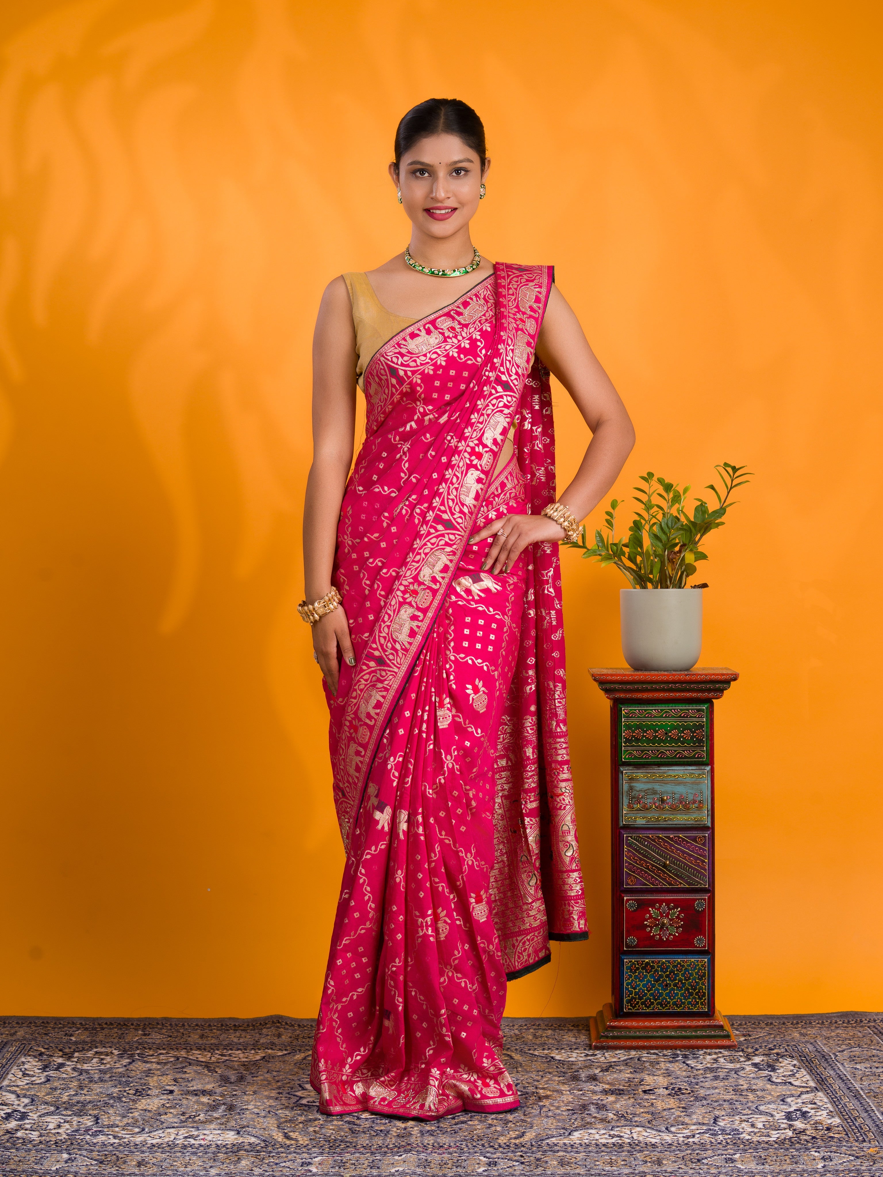 A traditional Dola Silk Banarasi Style With Stone Work Saree in pink colour