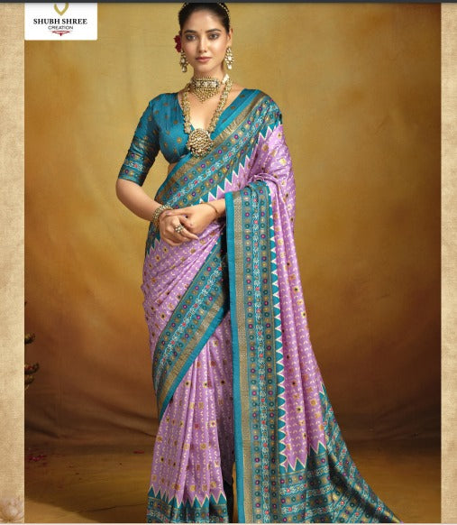 Tanmira New trending Malai silk Patola Style With Hand print Work saree