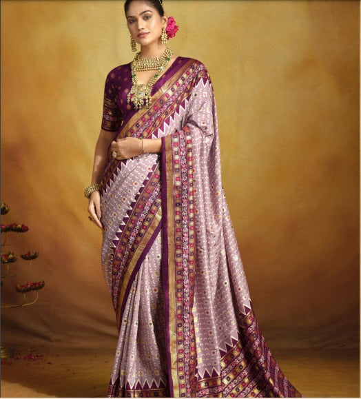 Tanmira New Malai silk Patola Style With Hand print Work saree