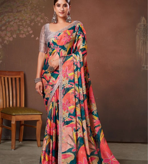 A  multicolored chiffon saree with a floral print