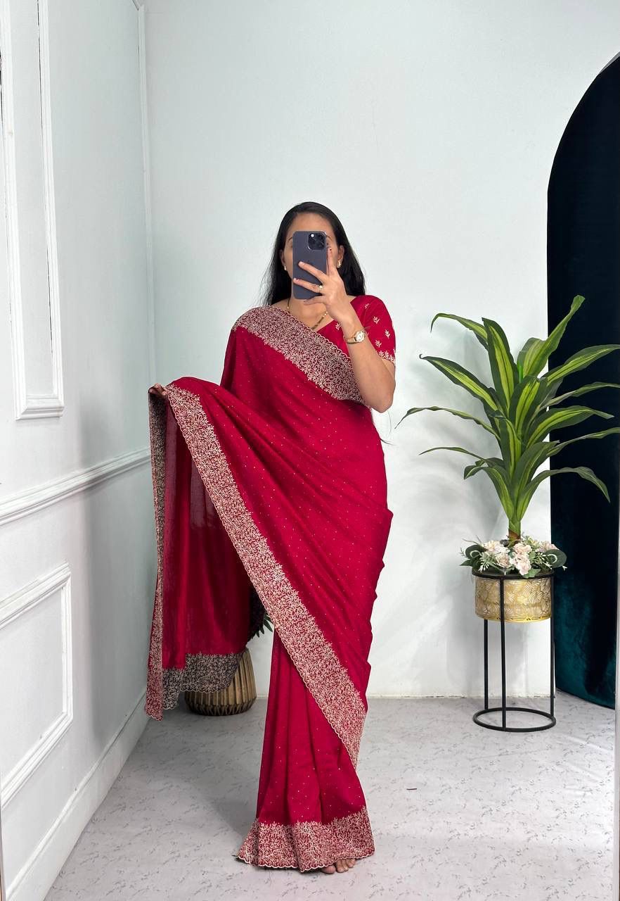 Tanmira Latest Heavy Blooming Vichitra Silk Embroidery Saree HM Rani
