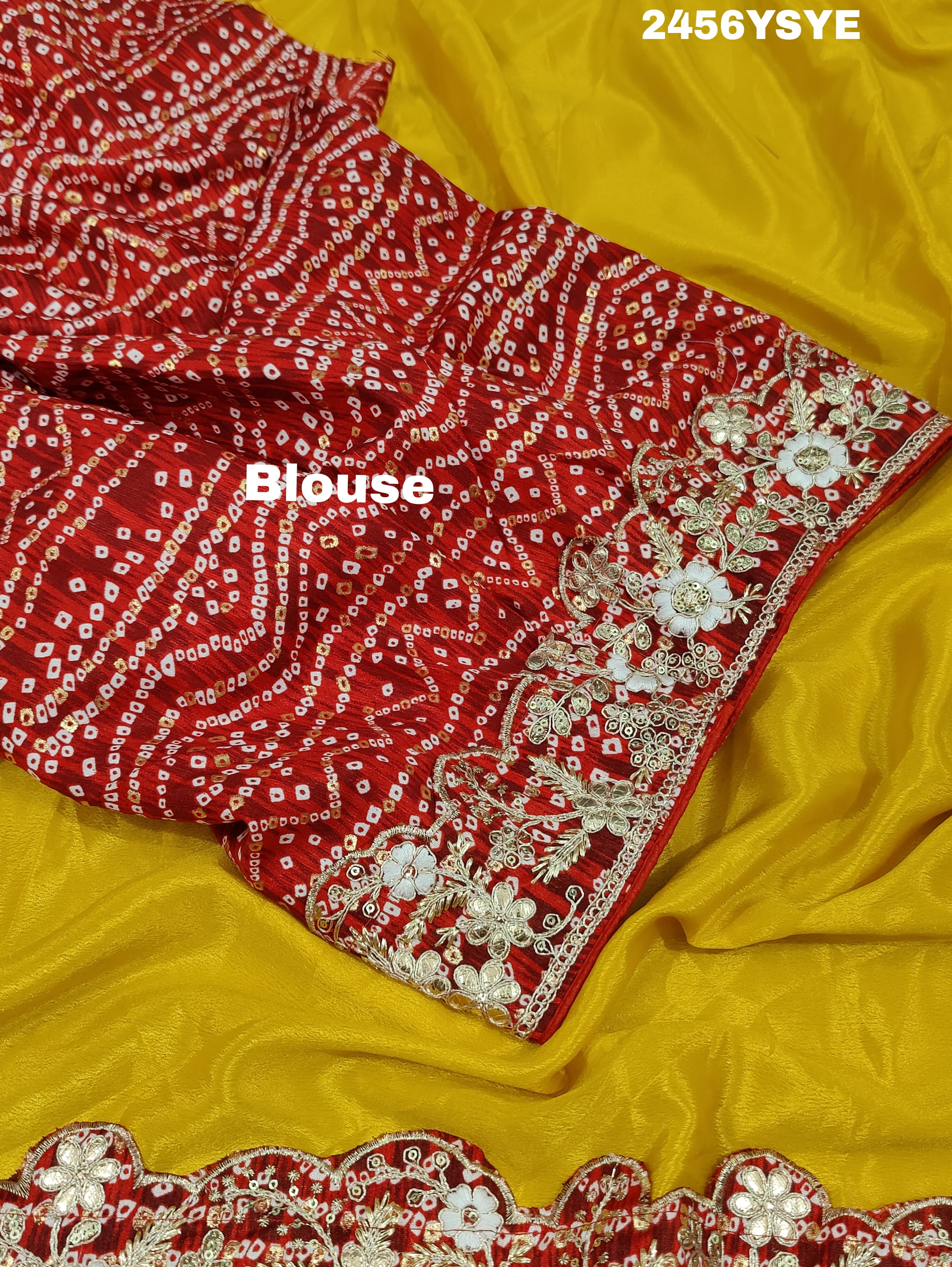 A yellow saree with red border  Chinon Silk Bollywood Style With Sequence Gotapatti Work Saree 