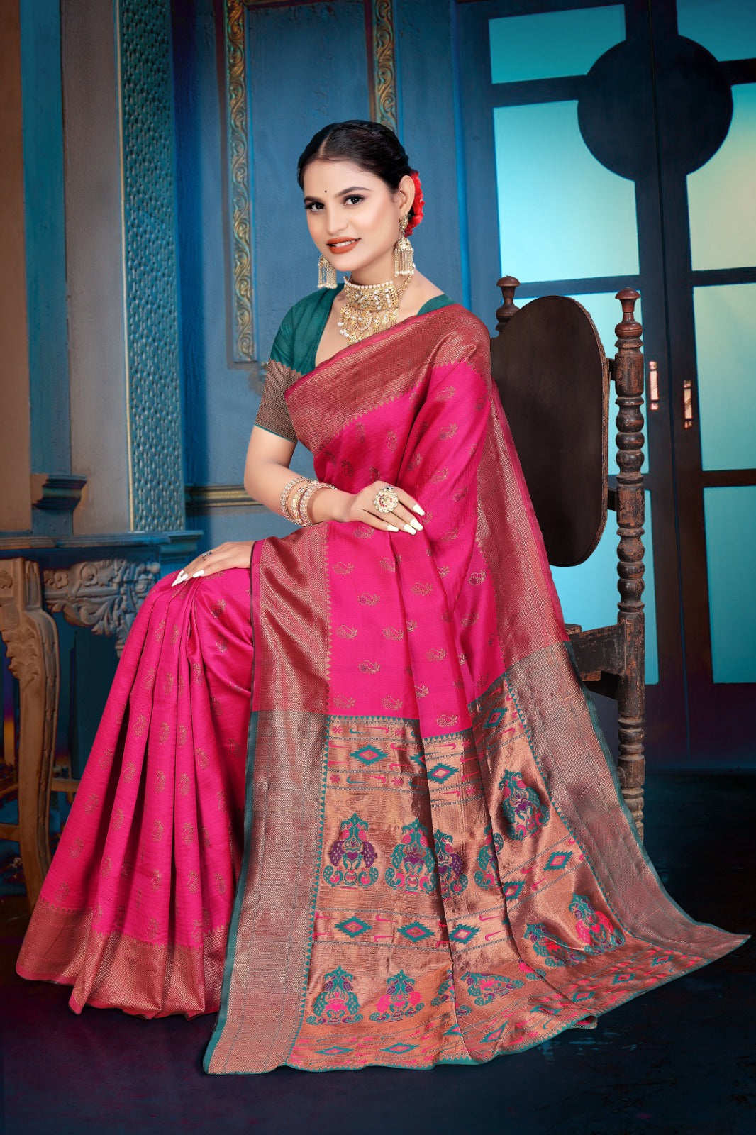 A  pink and purple Banarasi Dola Silk saree with traditional Zari print work, 