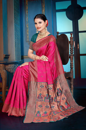 A  pink and purple Banarasi Dola Silk saree with traditional Zari print work, 