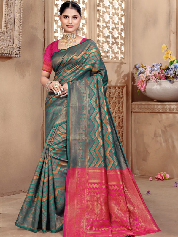 Tanmira Banarasi Dola Silk with Modern Zig Zag Print and Traditional Zari Border saree DC