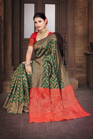 A Banarasi Dola Silk saree with a modern zig zag print and traditional zari border in green and red.