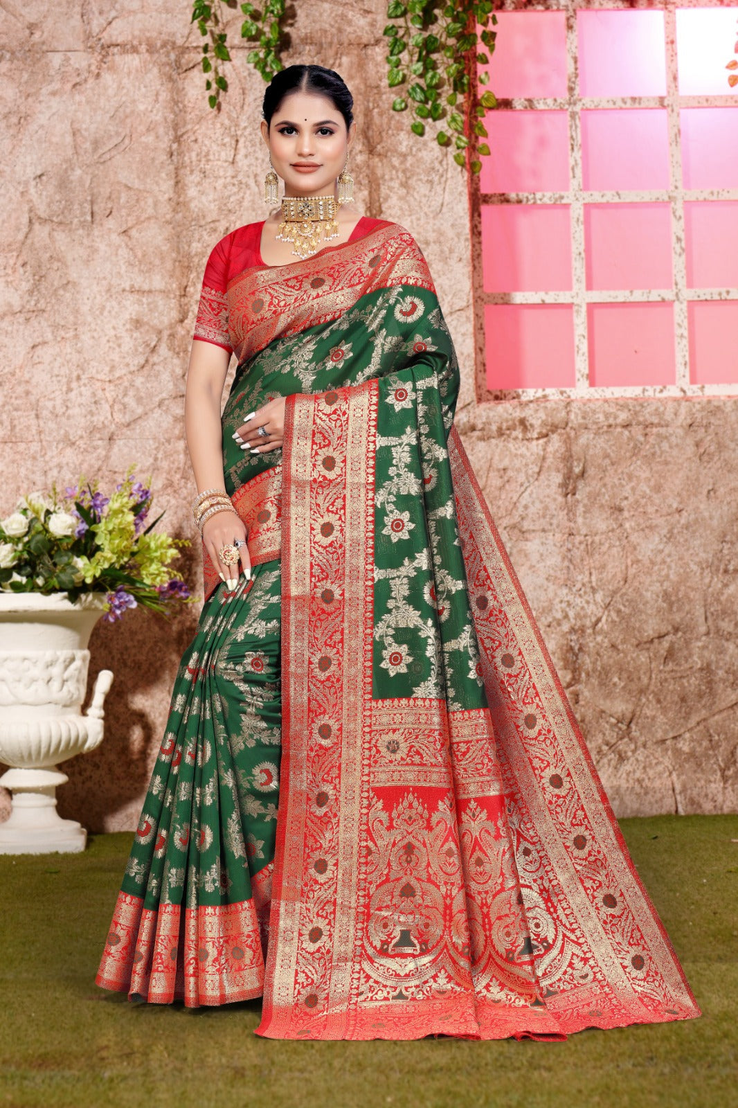 A green and red Banarasi saree with zari weaving for wedding 