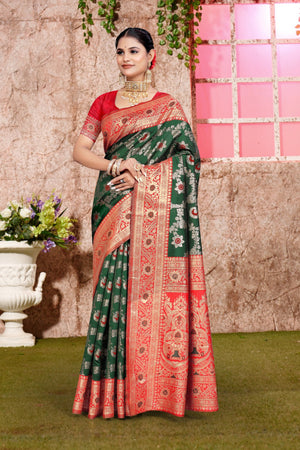 A green and red Banarasi saree with zari weaving for wedding 