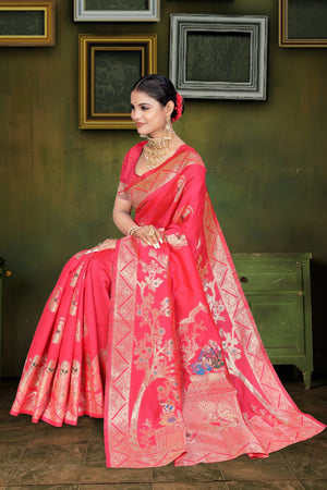 A  red and orange Banarasi saree with zari weaving and floral patterns, 