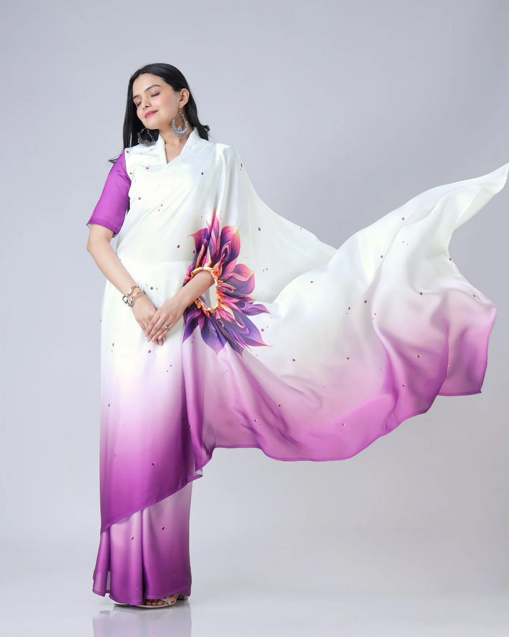 Tanmira Graceful White & Purple Crepe Silk Saree with Bold Floral Design Party Perfect  STR