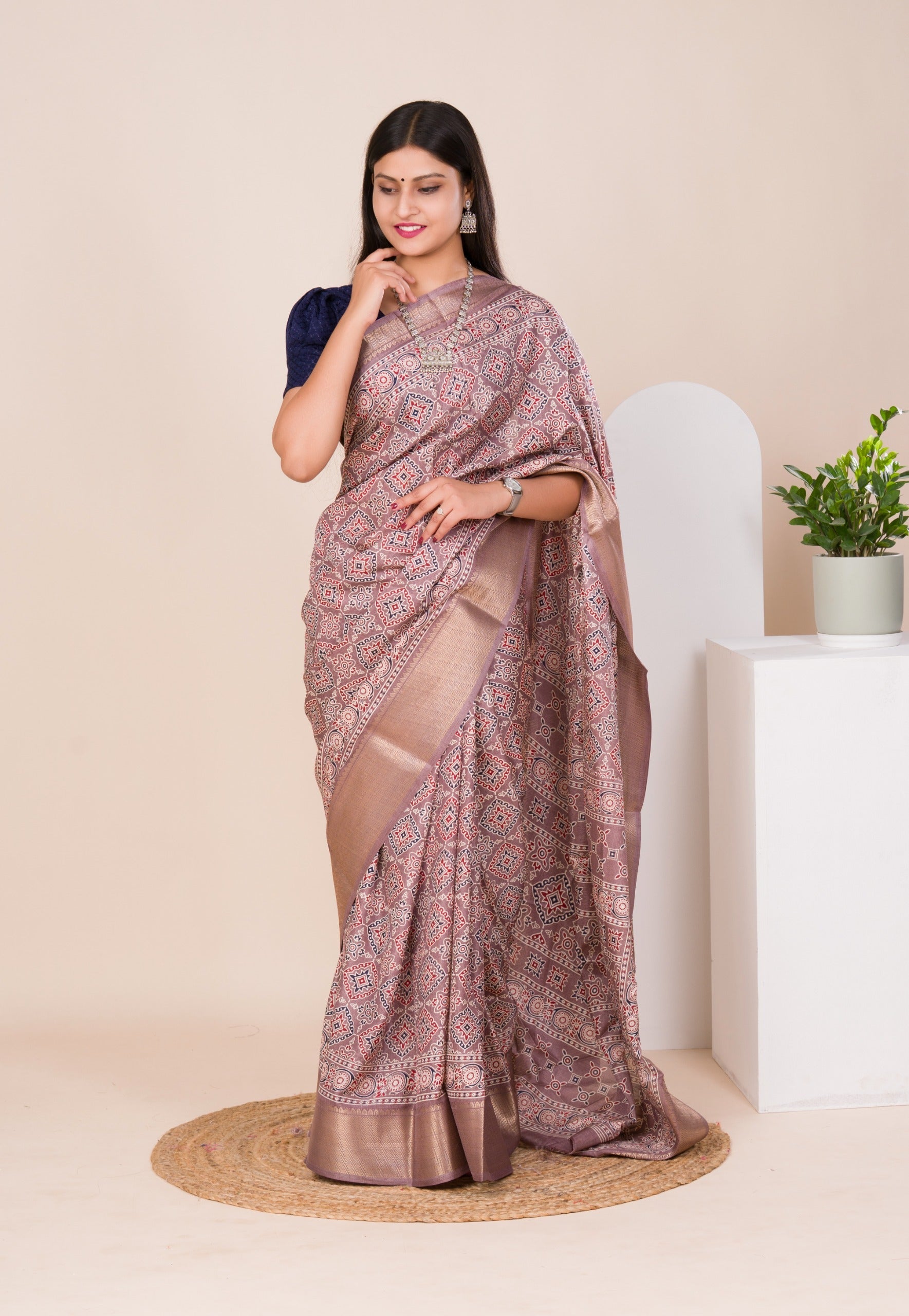 Tanmira Beautiful Cotton silk Ajrakh style With Ajrakh HandPrint Work Saree STL